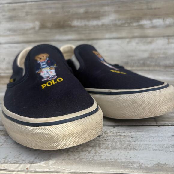 Polo Bear Ralph Lauren Shoes Sz 8 Keaton Slip on Sneakers Navy Blue Cotton Prep - Picture 8 of 12